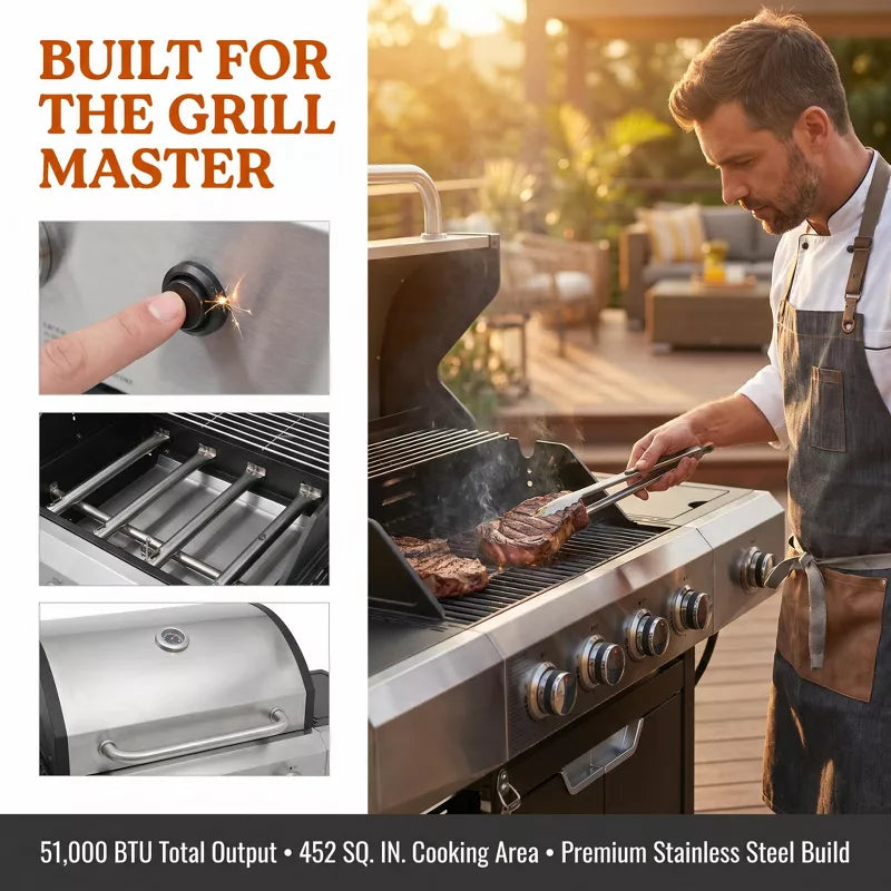 4-Burner Propane Gas Grill with Side Burner, 51,000 BTU Stainless Steel BBQ Grill for Patio & Backyard