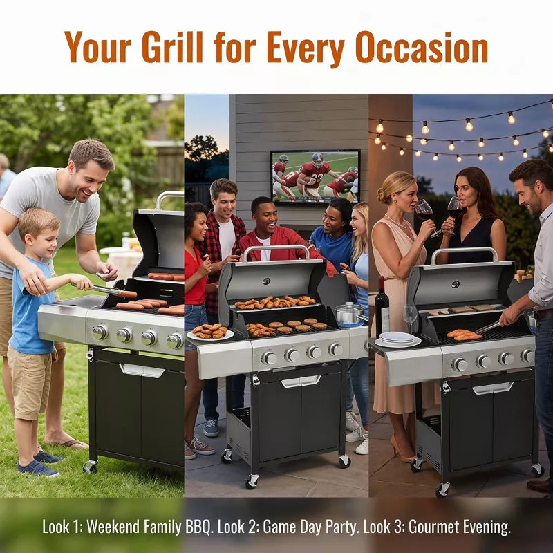 4-Burner Propane Gas Grill with Side Burner, 51,000 BTU Stainless Steel BBQ Grill for Patio & Backyard