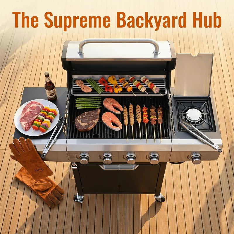 4-Burner Propane Gas Grill with Side Burner, 51,000 BTU Stainless Steel BBQ Grill for Patio & Backyard