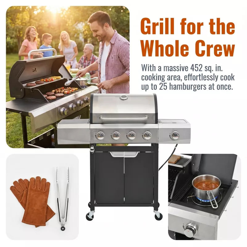 4-Burner Propane Gas Grill with Side Burner, 51,000 BTU Stainless Steel BBQ Grill for Patio & Backyard