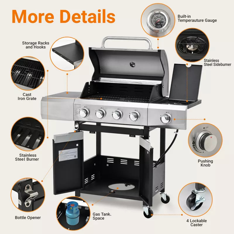 4-Burner Propane Gas Grill with Side Burner, 51,000 BTU Stainless Steel BBQ Grill for Patio & Backyard