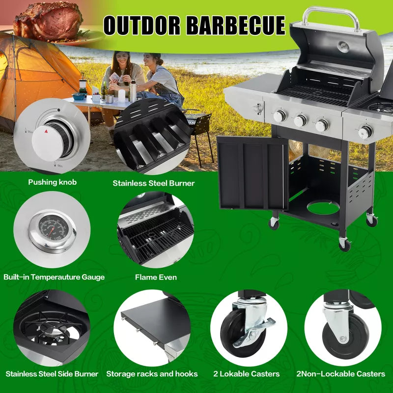 3-Burner Propane Gas Grill with Side Burner, 37,000 BTU Stainless Steel BBQ for Patio & Backyard
