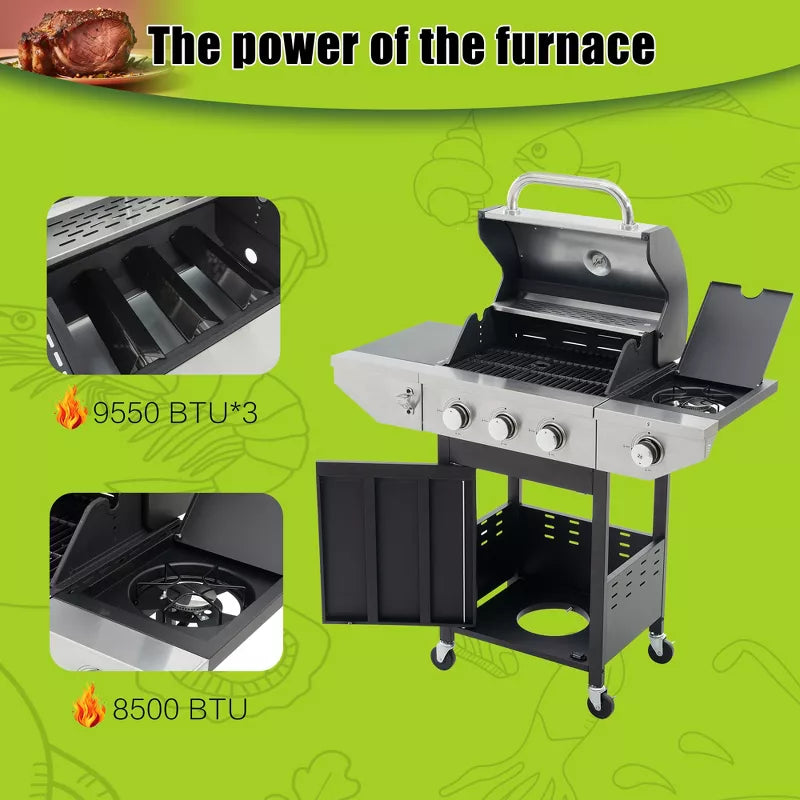 3-Burner Propane Gas Grill with Side Burner, 37,000 BTU Stainless Steel BBQ for Patio & Backyard