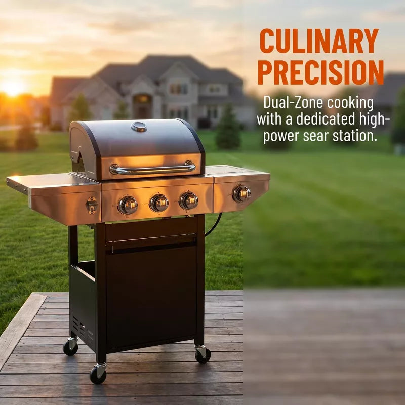 3-Burner Propane Gas Grill with Side Burner, 37,000 BTU Stainless Steel BBQ for Patio & Backyard