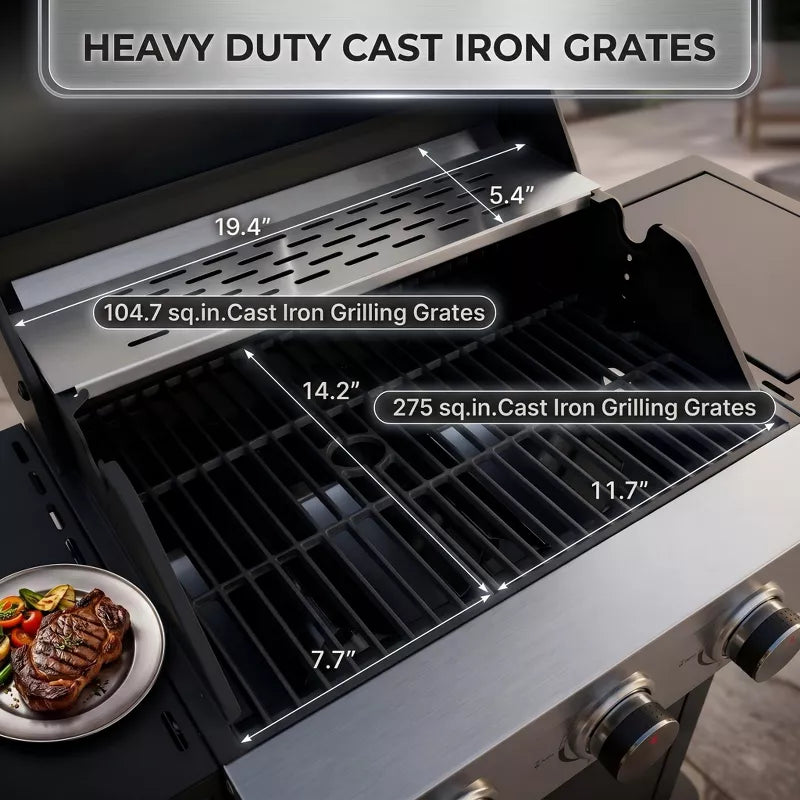 3-Burner Propane Gas Grill with Side Burner, 37,000 BTU Stainless Steel BBQ for Patio & Backyard