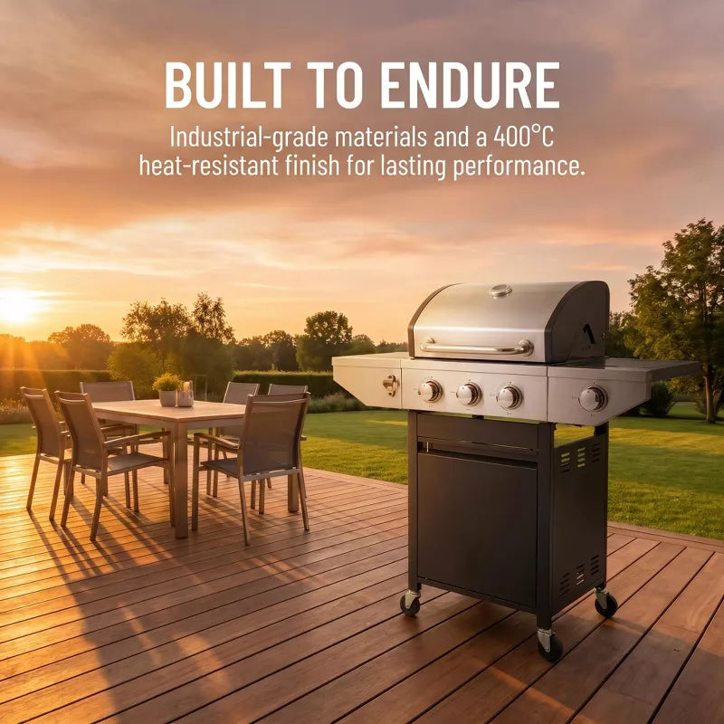 3-Burner Propane Gas Grill with Side Burner, 37,000 BTU Stainless Steel BBQ for Patio & Backyard