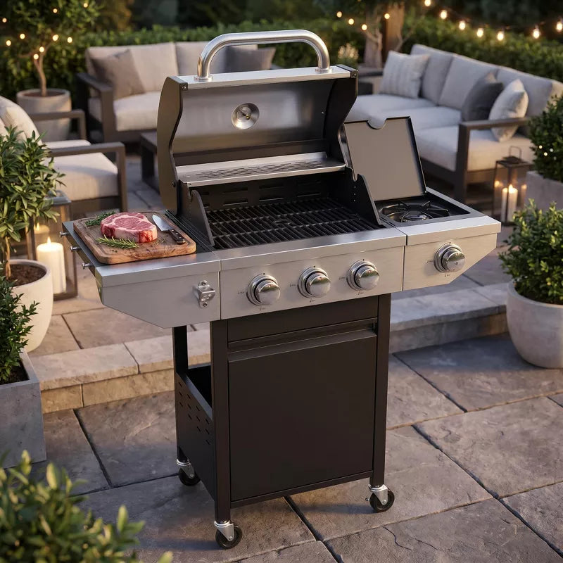 3-Burner Propane Gas Grill with Side Burner, 37,000 BTU Stainless Steel BBQ for Patio & Backyard