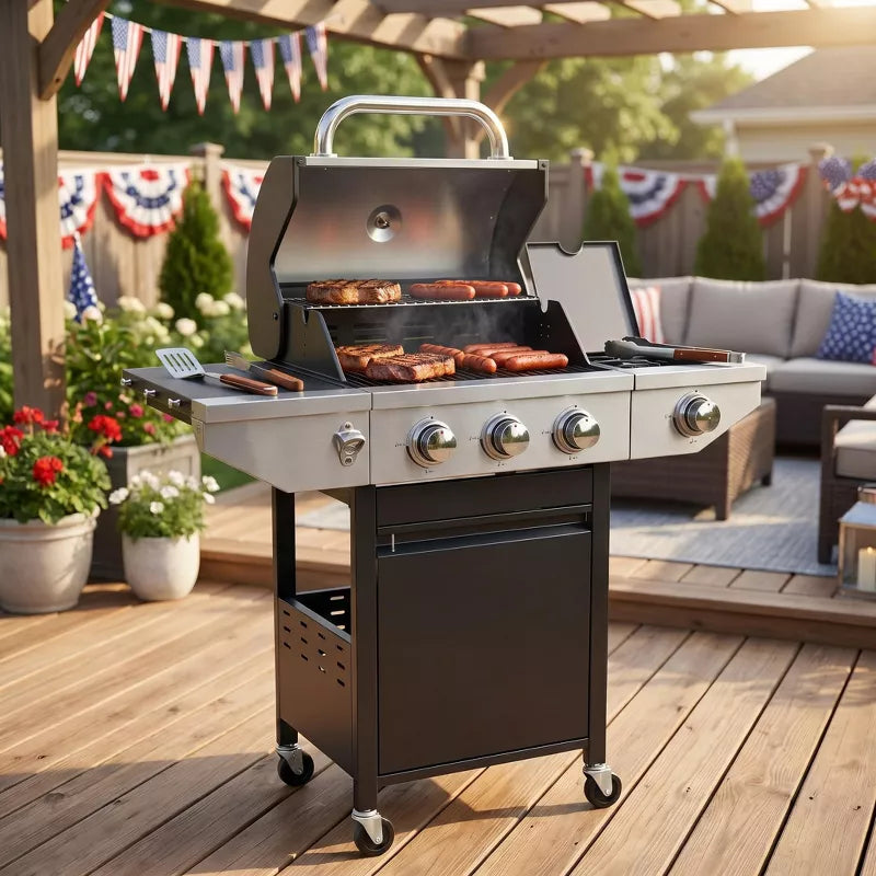 3-Burner Propane Gas Grill with Side Burner, 37,000 BTU Stainless Steel BBQ for Patio & Backyard