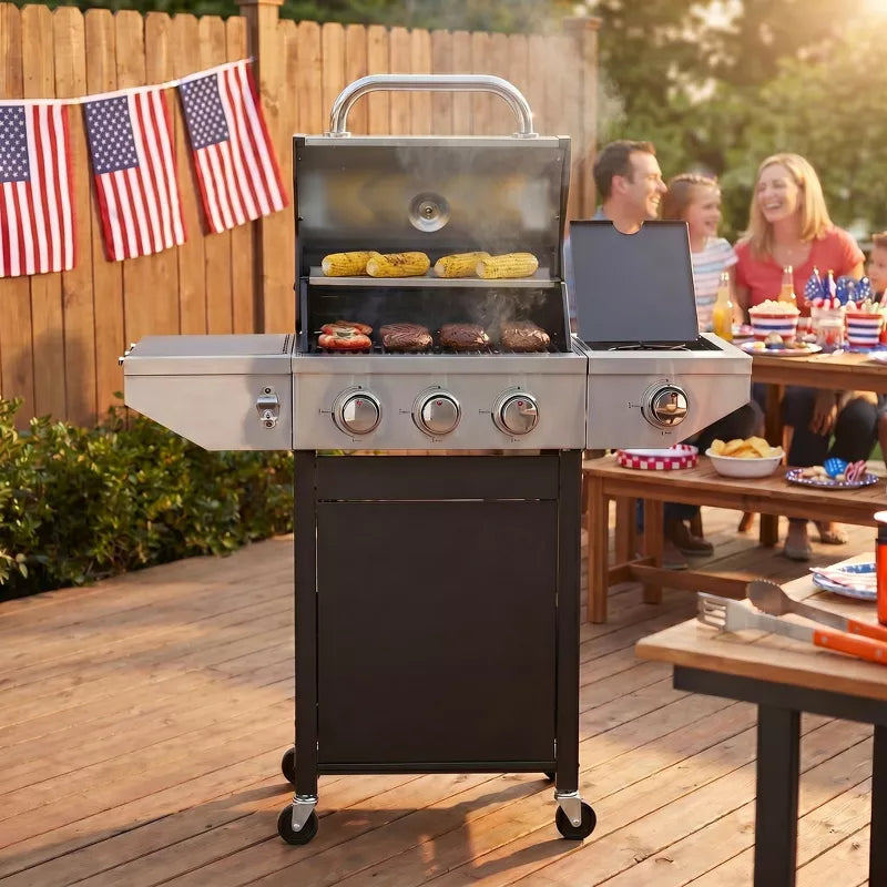3-Burner Propane Gas Grill with Side Burner, 37,000 BTU Stainless Steel BBQ for Patio & Backyard