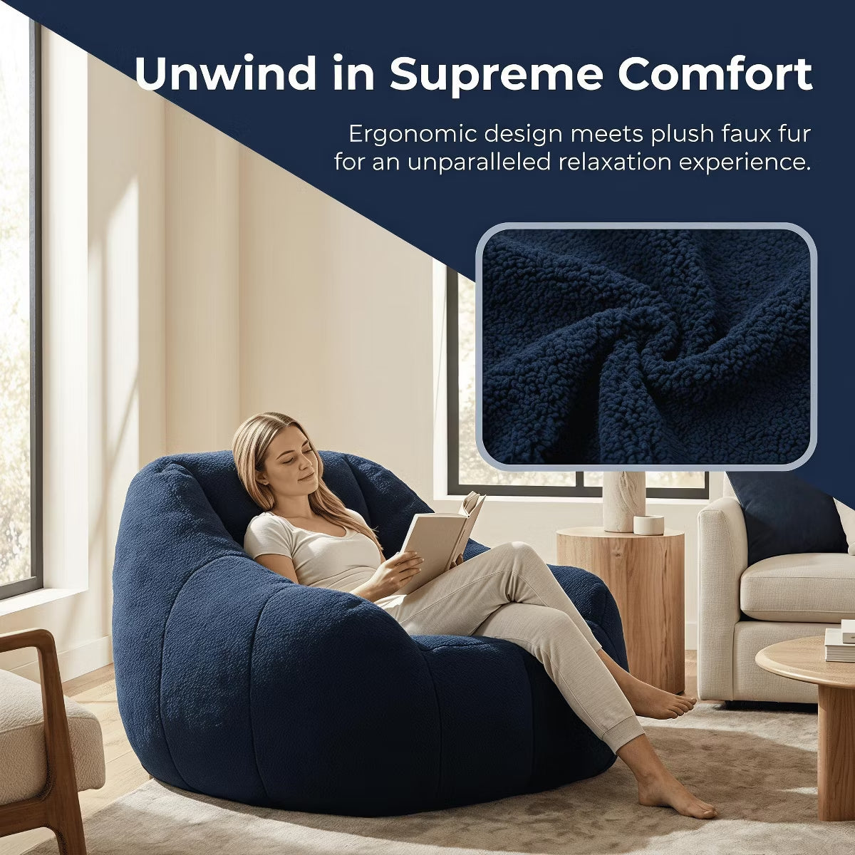Oversized Bean Bag Chair with Memory Foam Plush Faux Fur Cover for Cozy Lounging