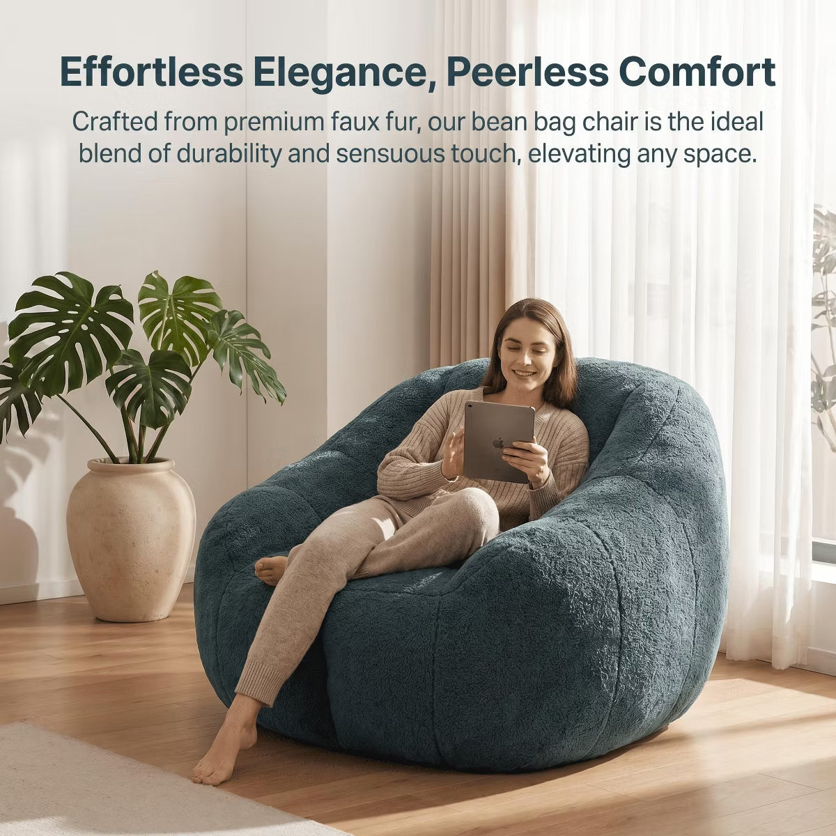 Oversized Bean Bag Chair with Memory Foam Plush Faux Fur Cover for Cozy Lounging
