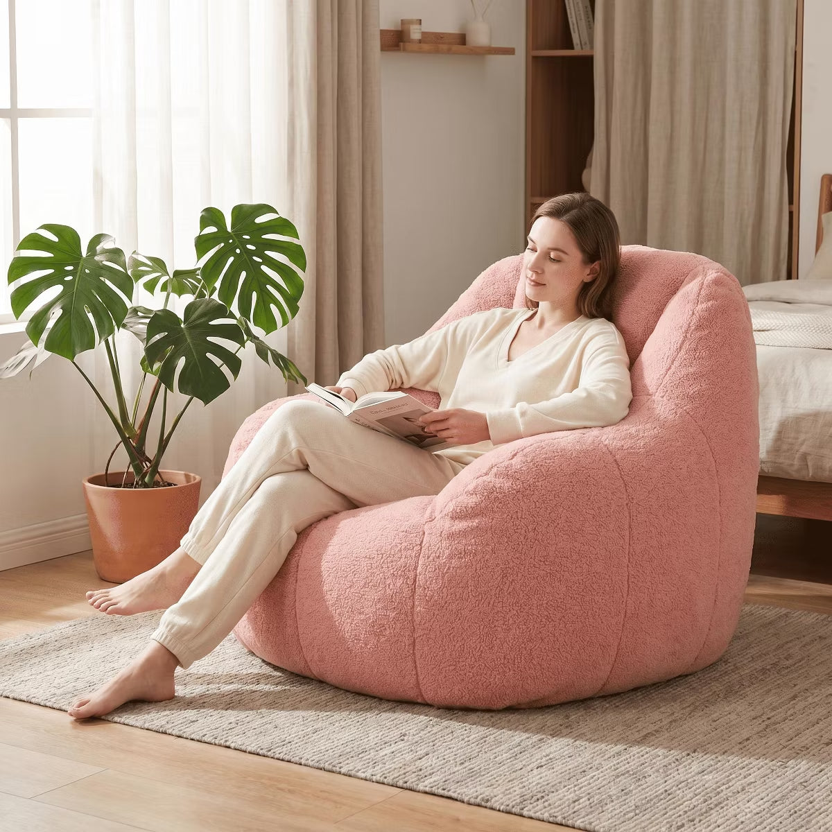 Oversized Bean Bag Chair with Memory Foam Plush Faux Fur Cover for Cozy Lounging