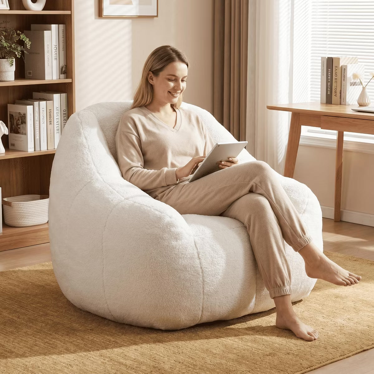 Oversized Bean Bag Chair with Memory Foam Plush Faux Fur Cover for Cozy Lounging