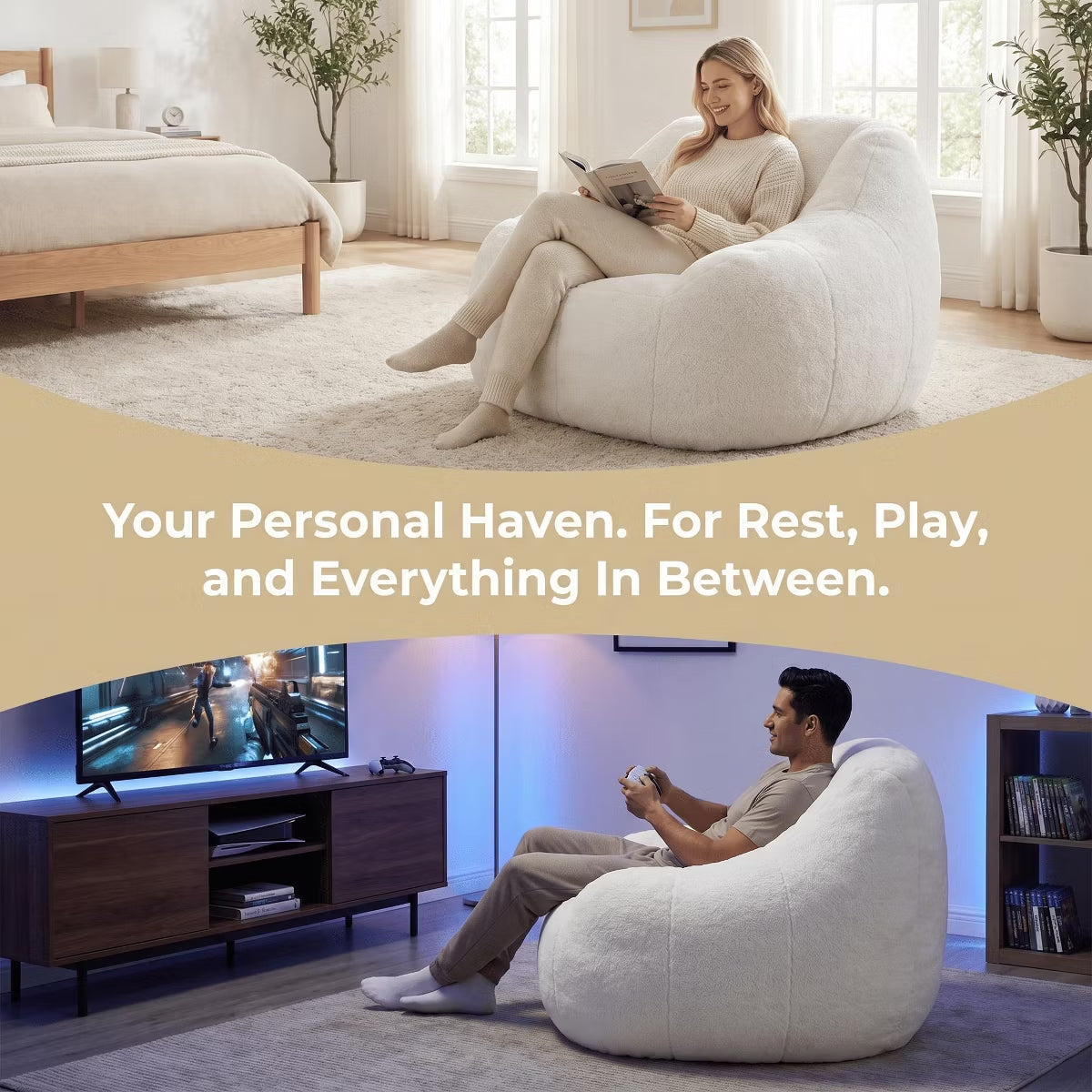Oversized Bean Bag Chair with Memory Foam Plush Faux Fur Cover for Cozy Lounging