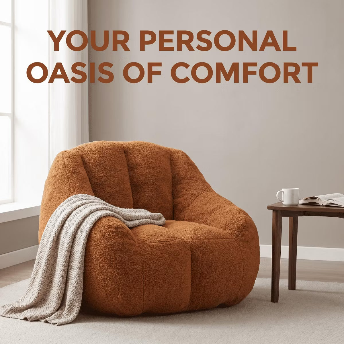 Oversized Bean Bag Chair with Memory Foam Plush Faux Fur Cover for Cozy Lounging