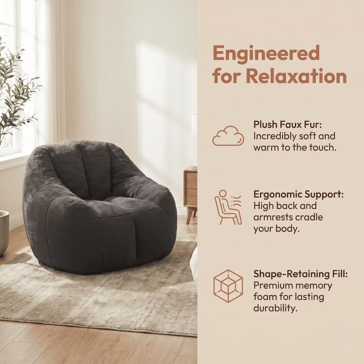 Oversized Bean Bag Chair with Memory Foam Plush Faux Fur Cover for Cozy Lounging
