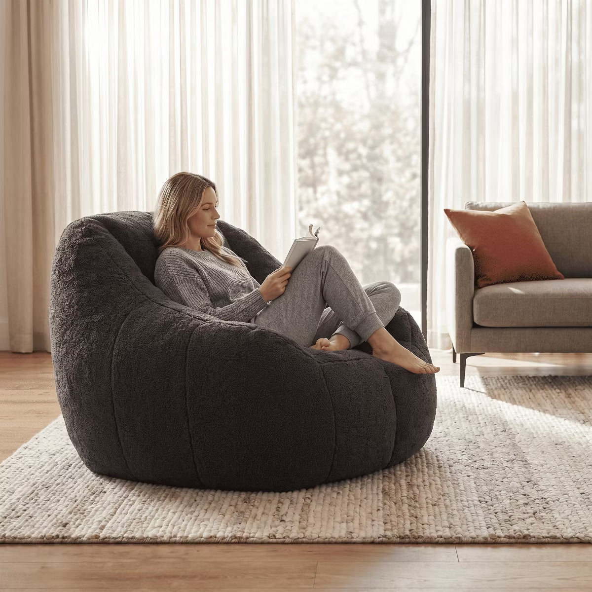 Oversized Bean Bag Chair with Memory Foam Plush Faux Fur Cover for Cozy Lounging