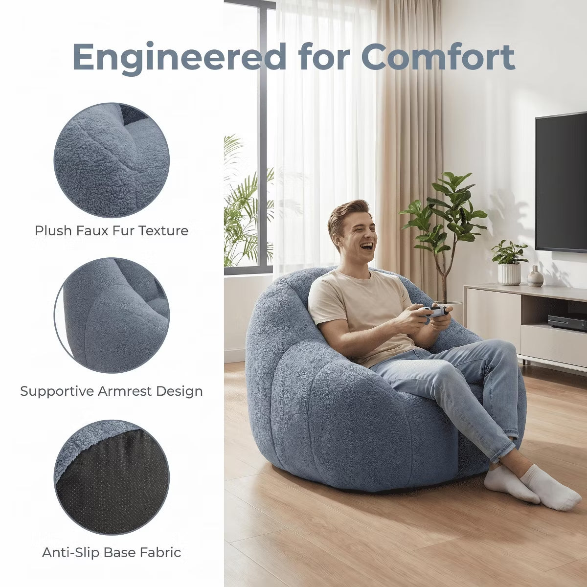 Oversized Bean Bag Chair with Memory Foam Plush Faux Fur Cover for Cozy Lounging