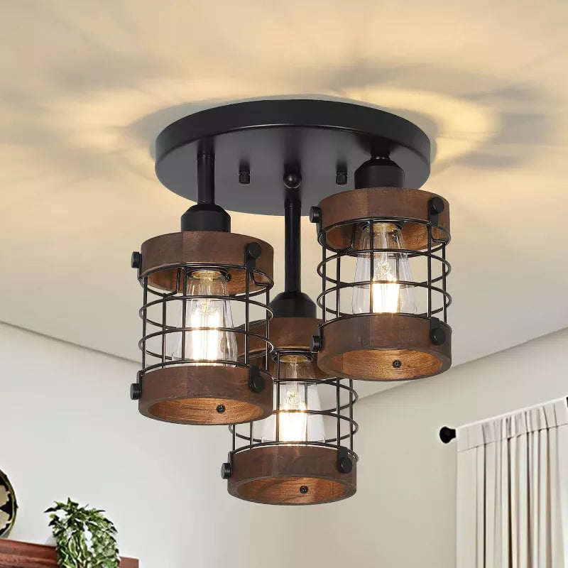 Ceiling Light Fixture with 3 Lights and Farmhouse Metal Cage Design
