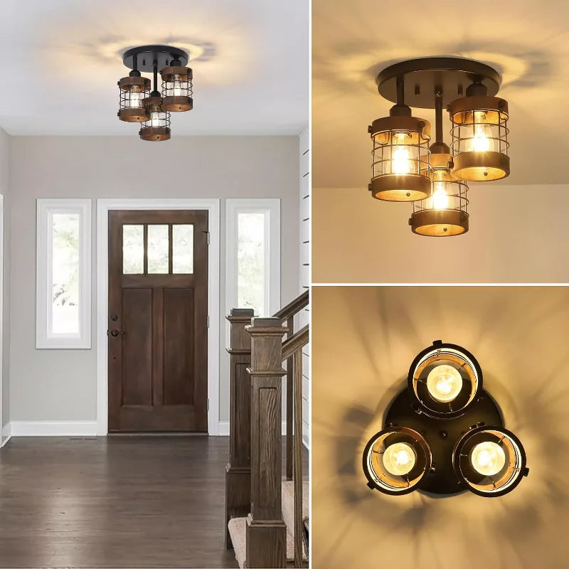 Ceiling Light Fixture with 3 Lights and Farmhouse Metal Cage Design