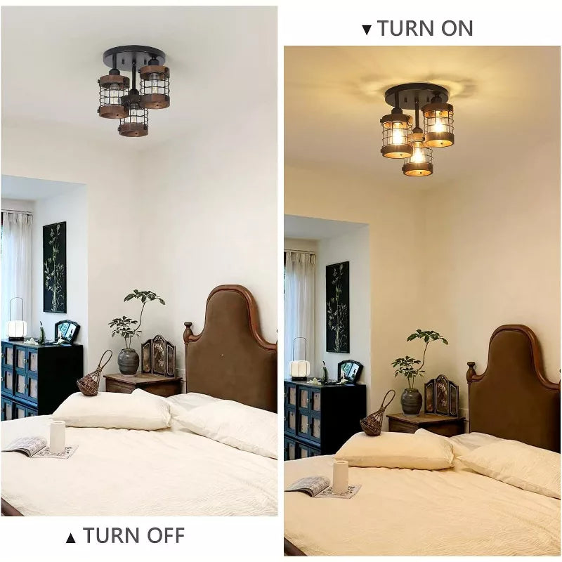 Ceiling Light Fixture with 3 Lights and Farmhouse Metal Cage Design