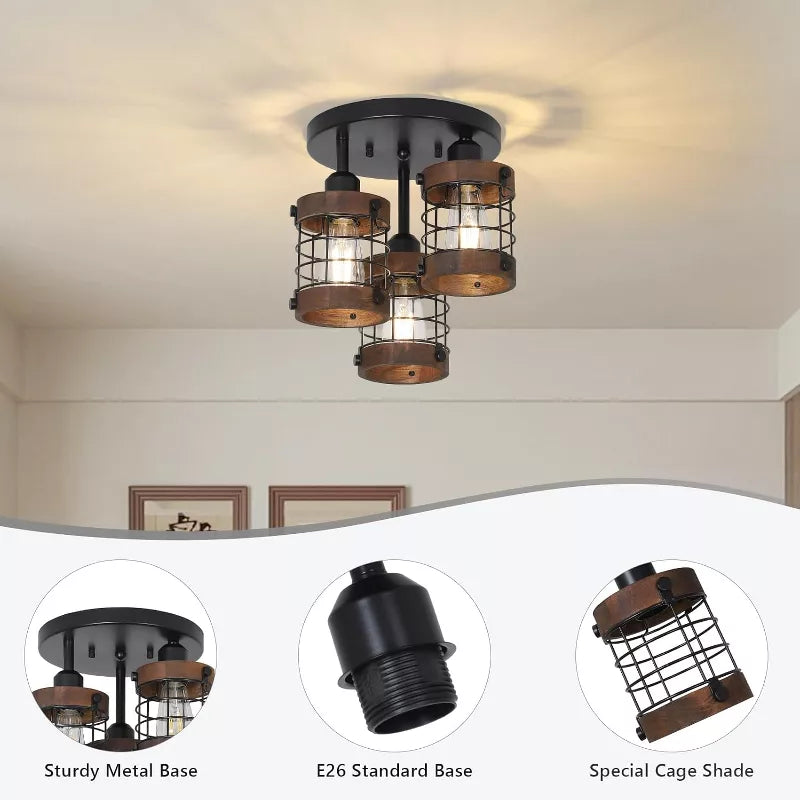 Ceiling Light Fixture with 3 Lights and Farmhouse Metal Cage Design