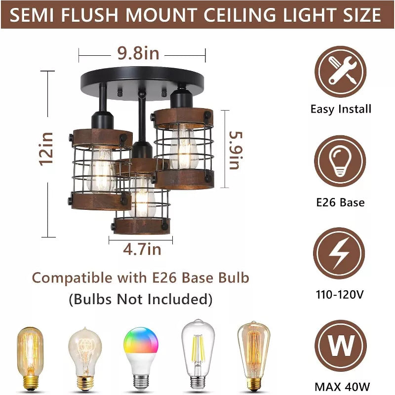 Ceiling Light Fixture with 3 Lights and Farmhouse Metal Cage Design