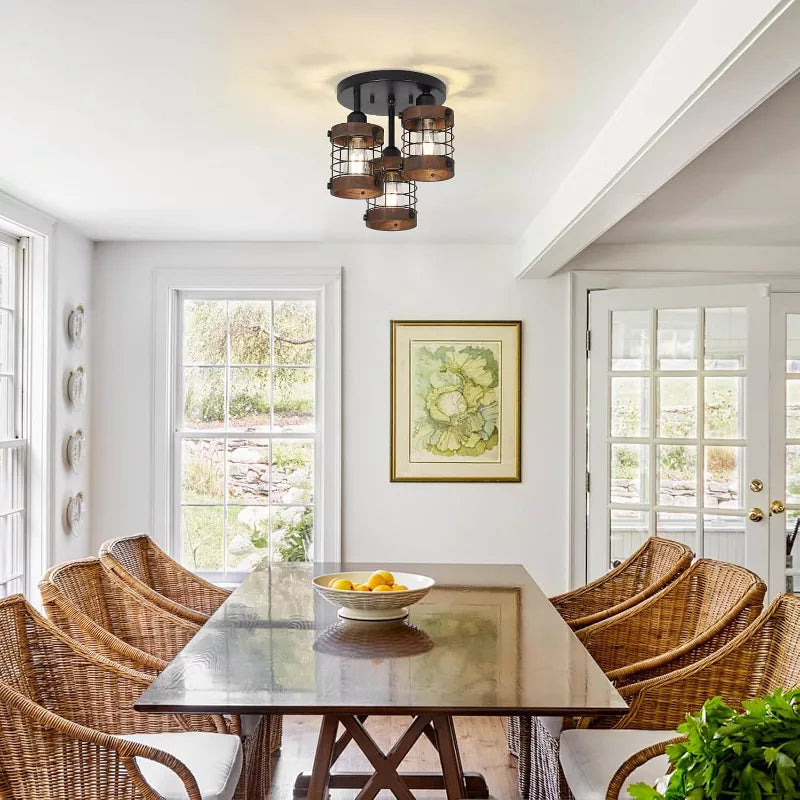 Ceiling Light Fixture with 3 Lights and Farmhouse Metal Cage Design