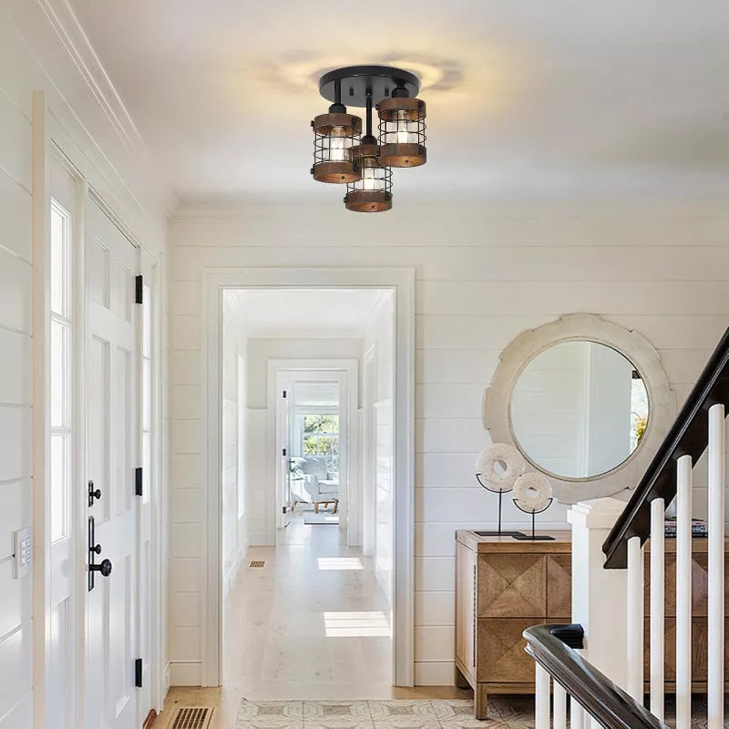 Ceiling Light Fixture with 3 Lights and Farmhouse Metal Cage Design