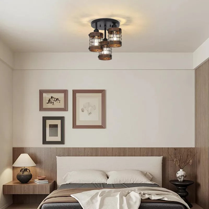 Ceiling Light Fixture with 3 Lights and Farmhouse Metal Cage Design
