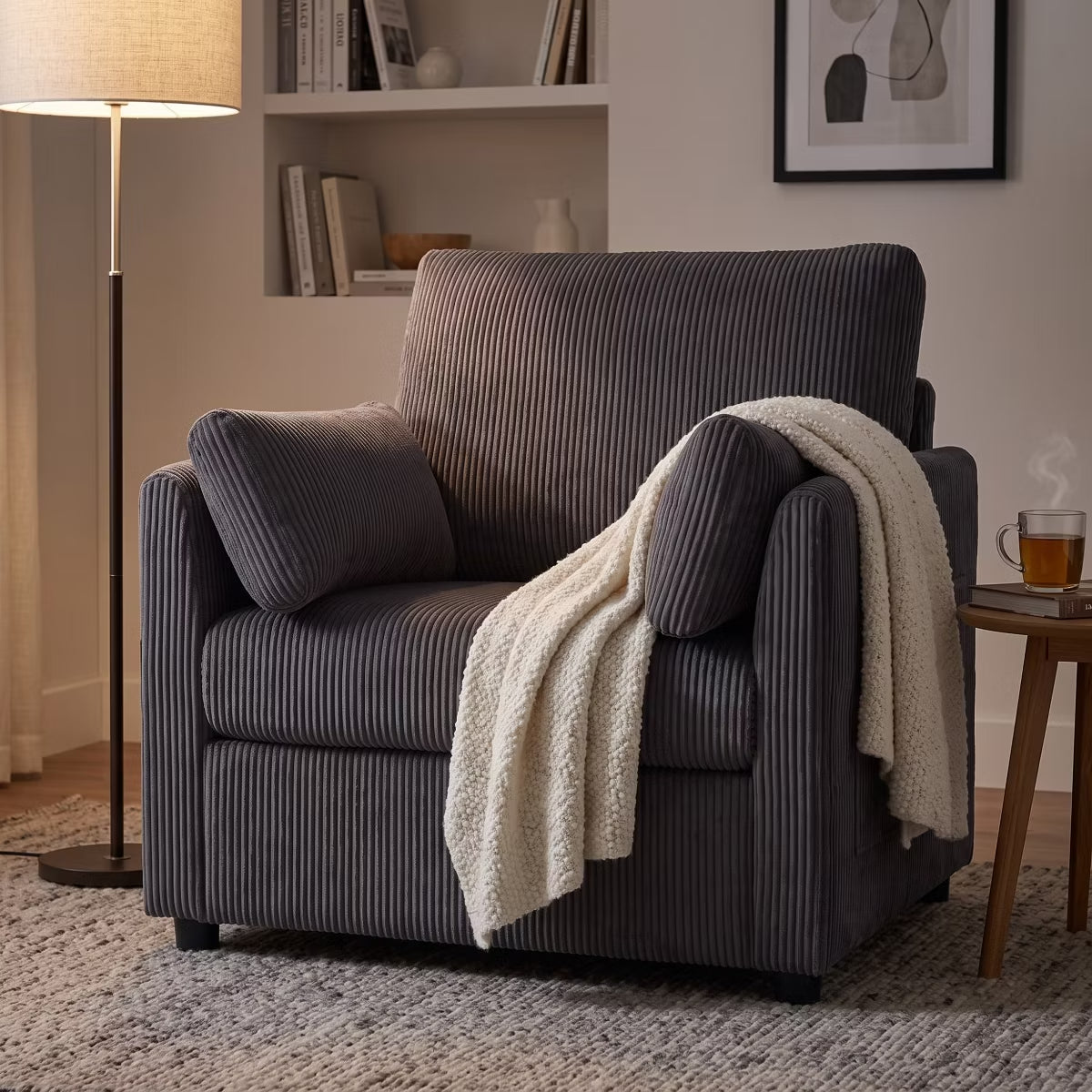Accent Chair, Wide Corduroy Armchair with Side Pockets & 2 Pillows