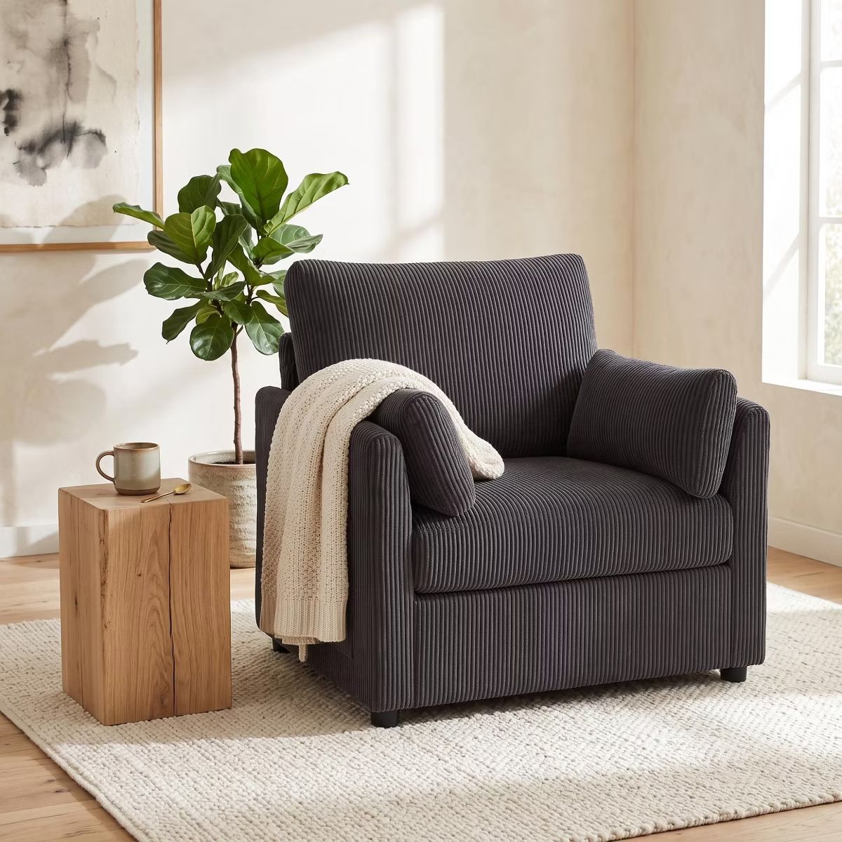 Accent Chair, Wide Corduroy Armchair with Side Pockets & 2 Pillows
