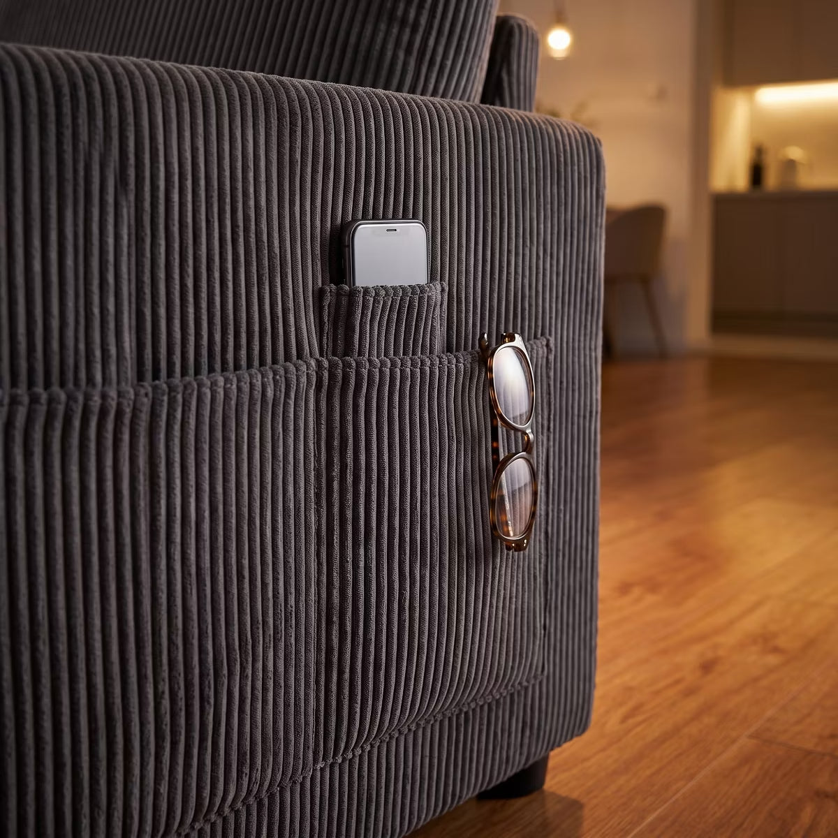 Accent Chair, Wide Corduroy Armchair with Side Pockets & 2 Pillows