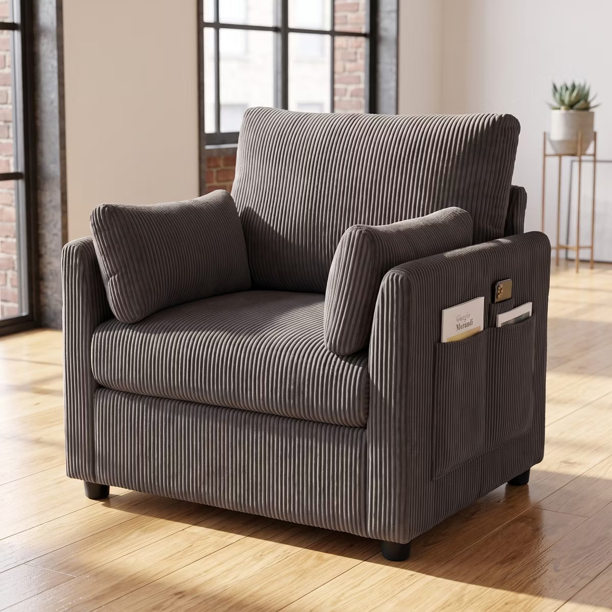 Accent Chair, Wide Corduroy Armchair with Side Pockets & 2 Pillows