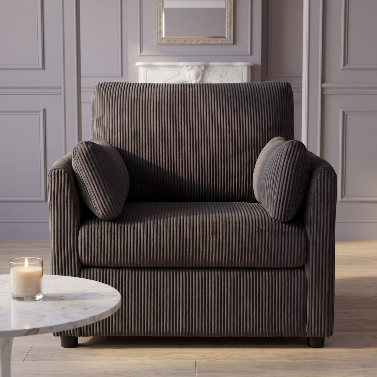 Accent Chair, Wide Corduroy Armchair with Side Pockets & 2 Pillows
