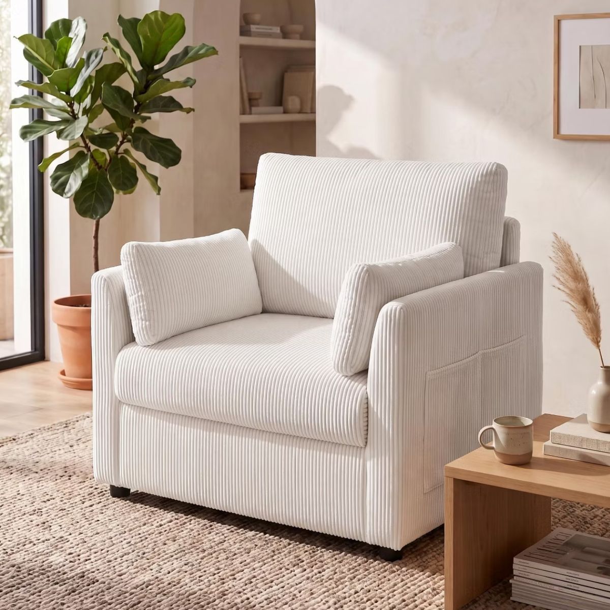 Accent Chair, Wide Corduroy Armchair with Side Pockets & 2 Pillows