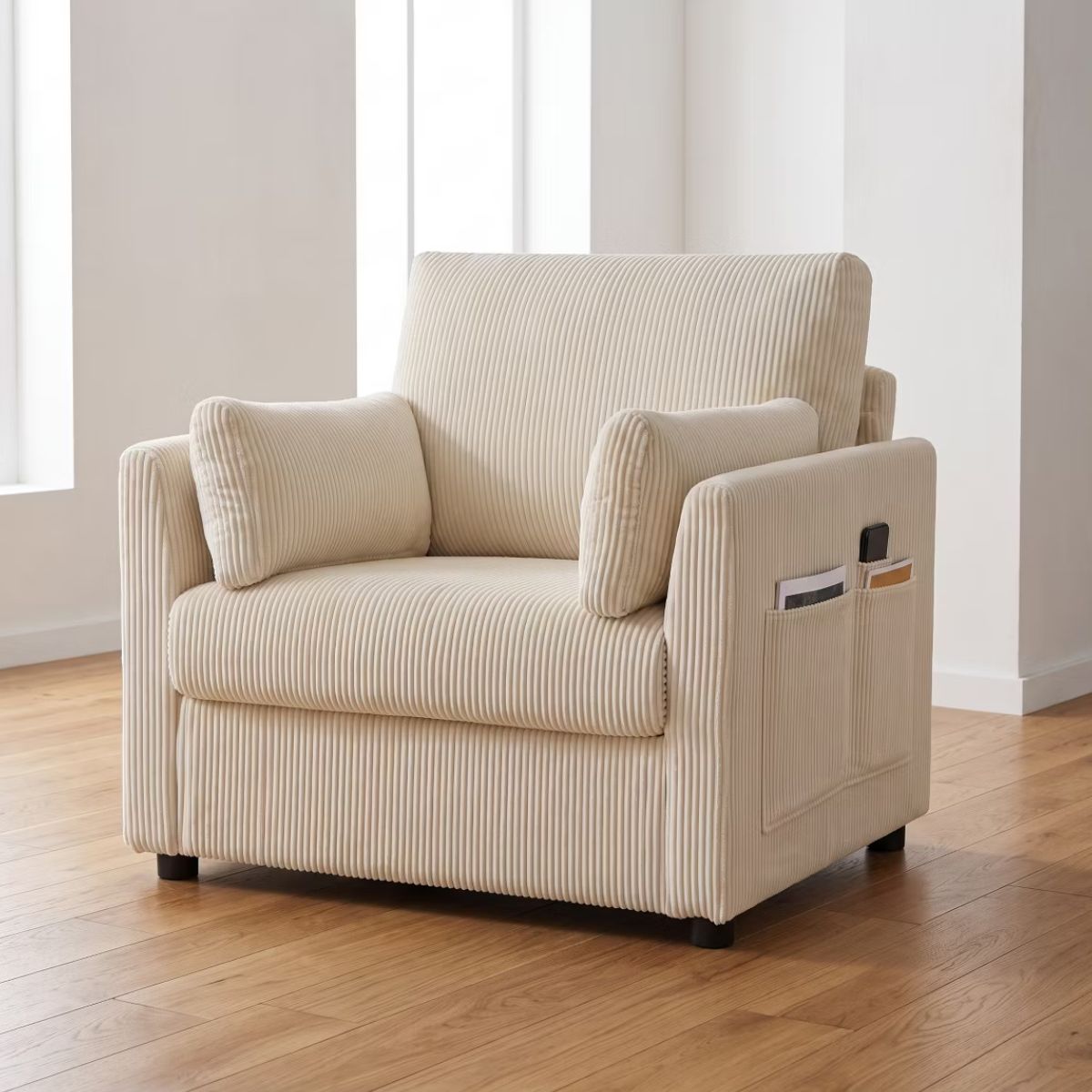 Accent Chair, Wide Corduroy Armchair with Side Pockets & 2 Pillows