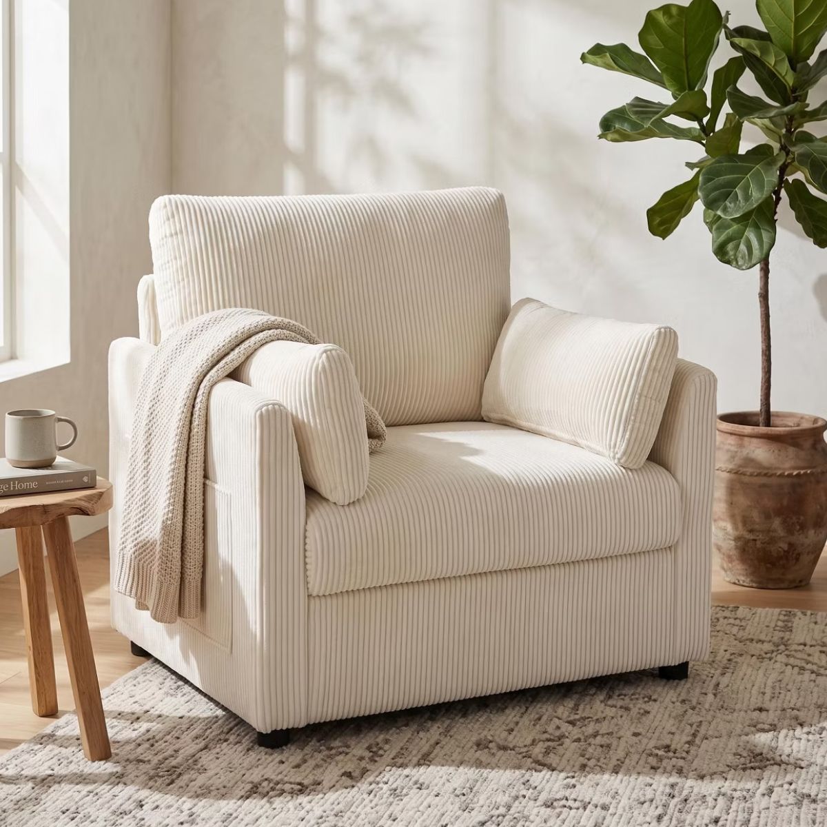 Accent Chair, Wide Corduroy Armchair with Side Pockets & 2 Pillows
