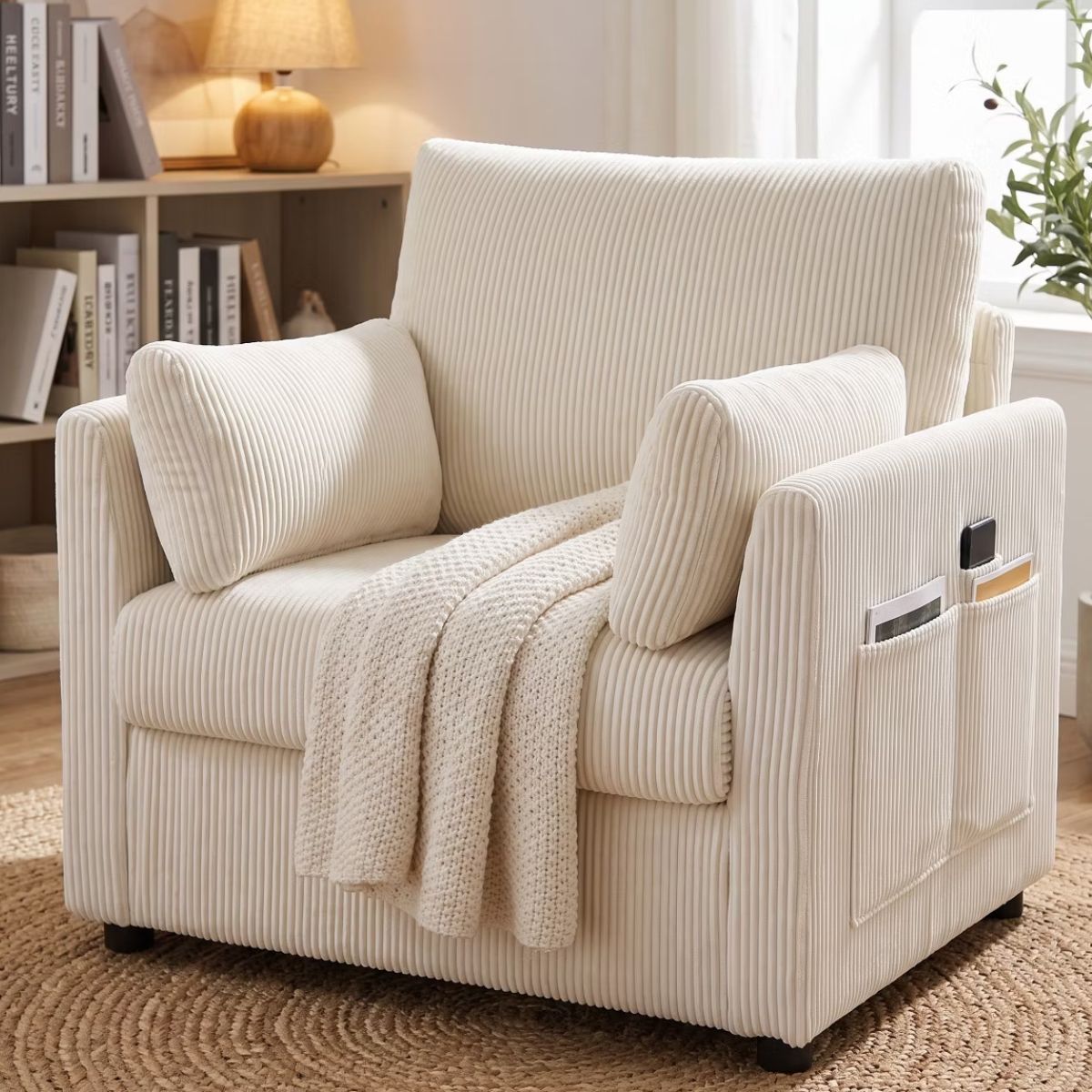 Accent Chair, Wide Corduroy Armchair with Side Pockets & 2 Pillows