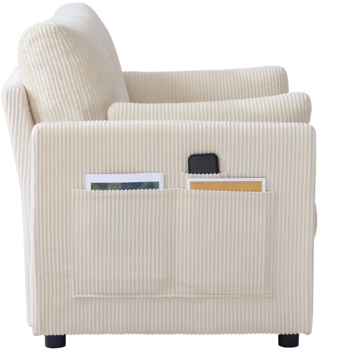 Accent Chair, Wide Corduroy Armchair with Side Pockets & 2 Pillows