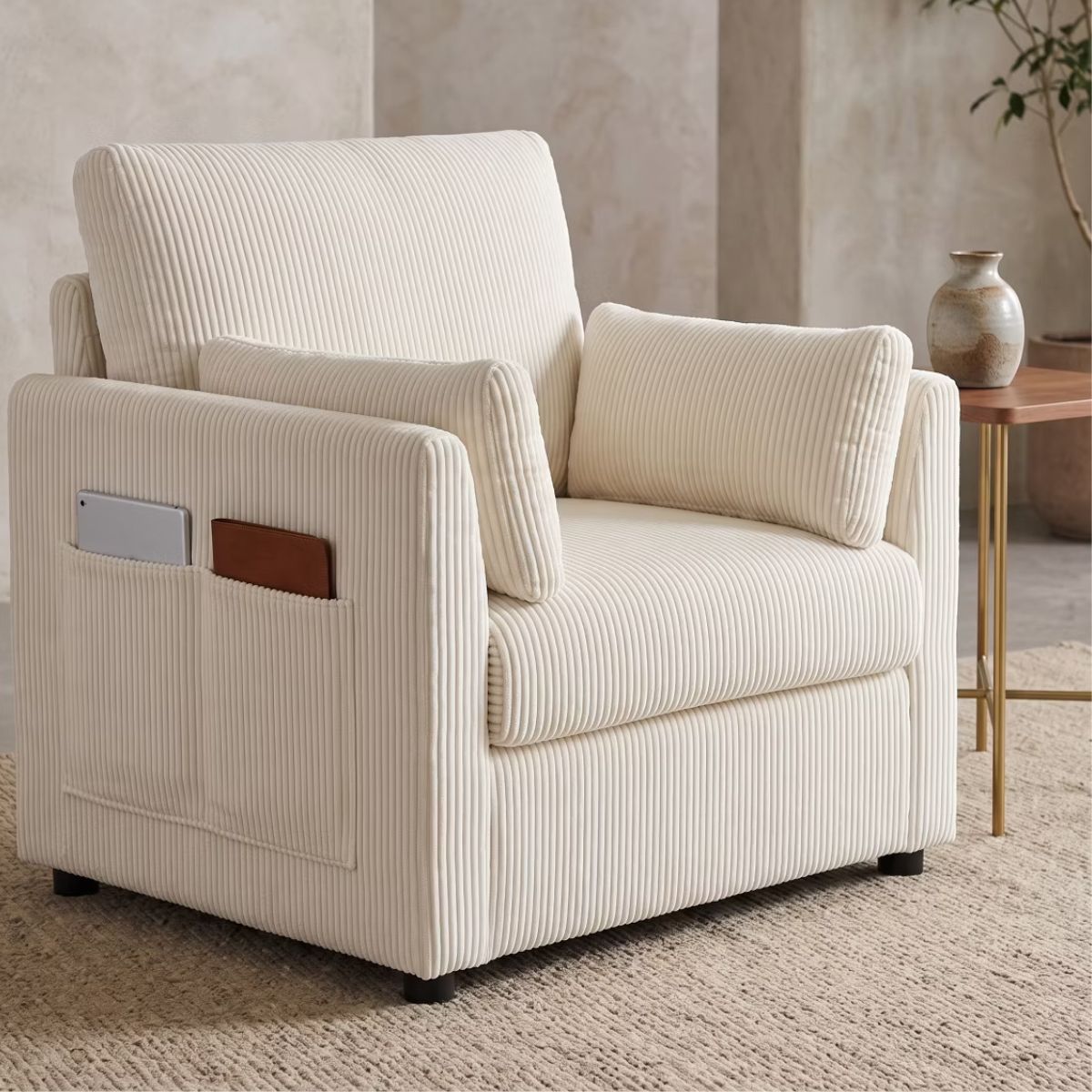 Accent Chair, Wide Corduroy Armchair with Side Pockets & 2 Pillows