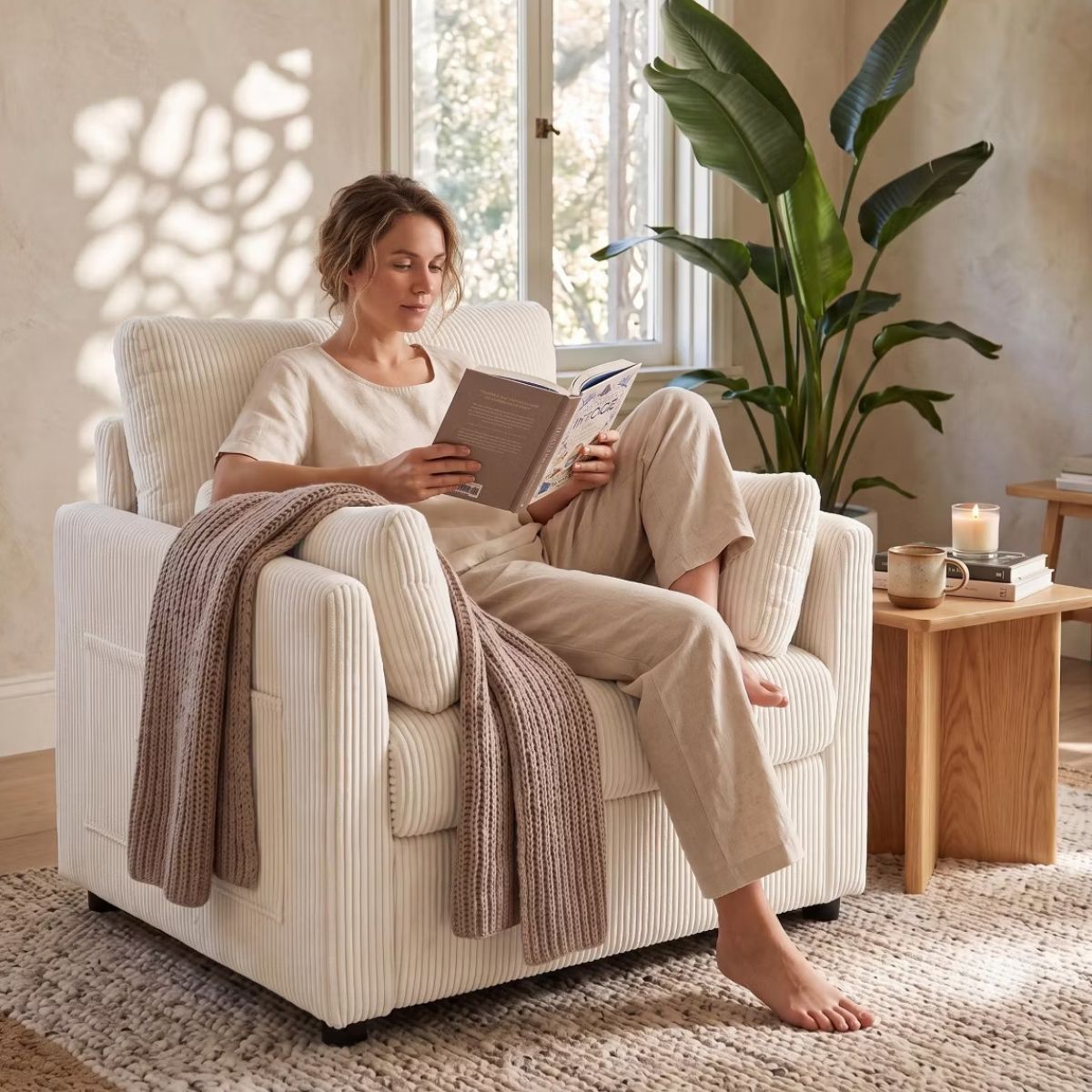 Accent Chair, Wide Corduroy Armchair with Side Pockets & 2 Pillows