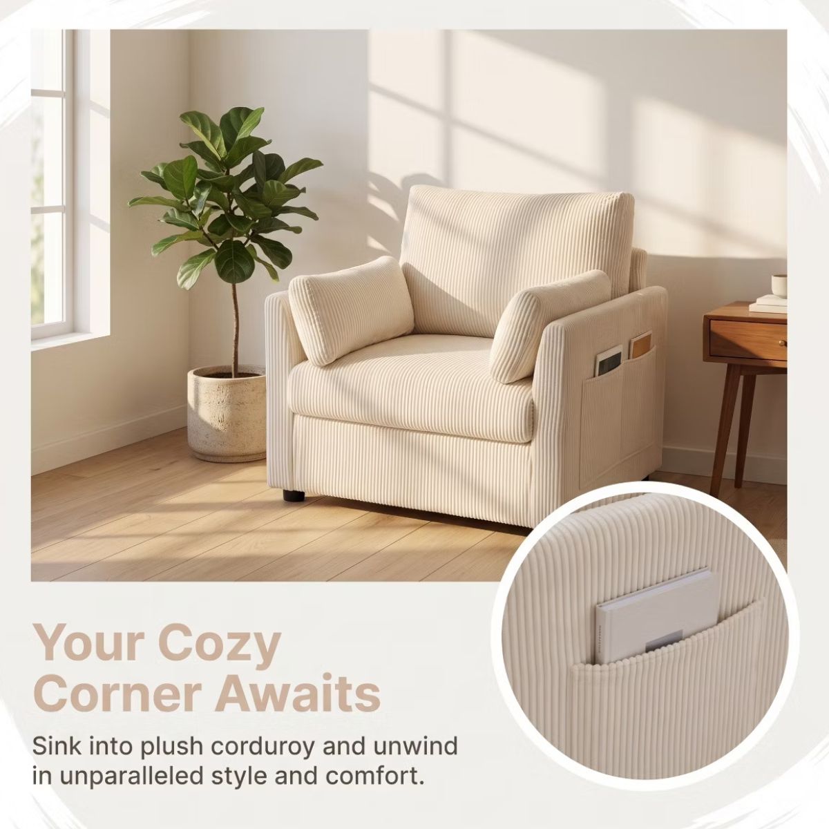 Accent Chair, Wide Corduroy Armchair with Side Pockets & 2 Pillows