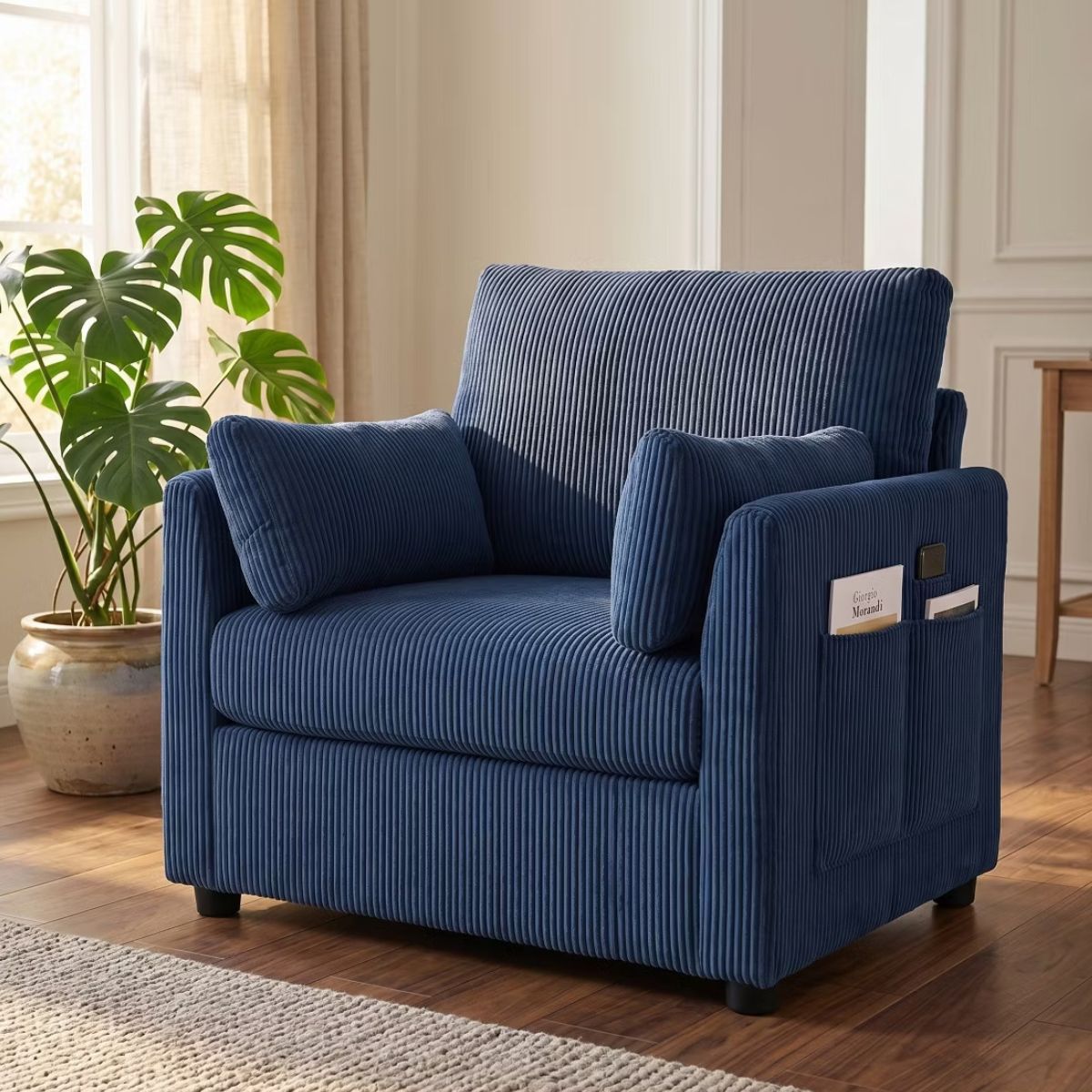 Accent Chair, Wide Corduroy Armchair with Side Pockets & 2 Pillows