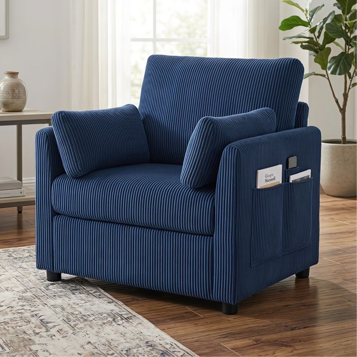 Accent Chair, Wide Corduroy Armchair with Side Pockets & 2 Pillows