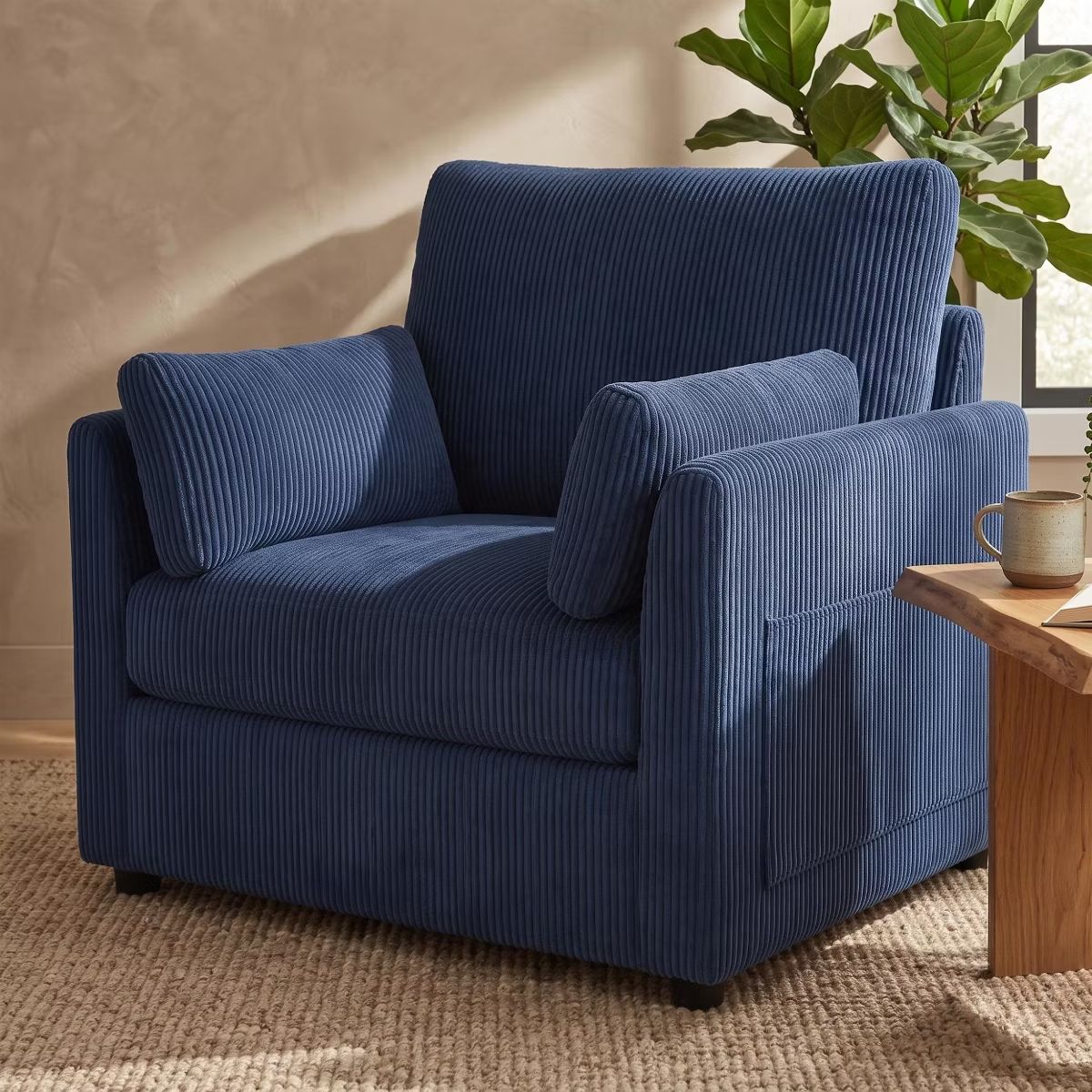 Accent Chair, Wide Corduroy Armchair with Side Pockets & 2 Pillows