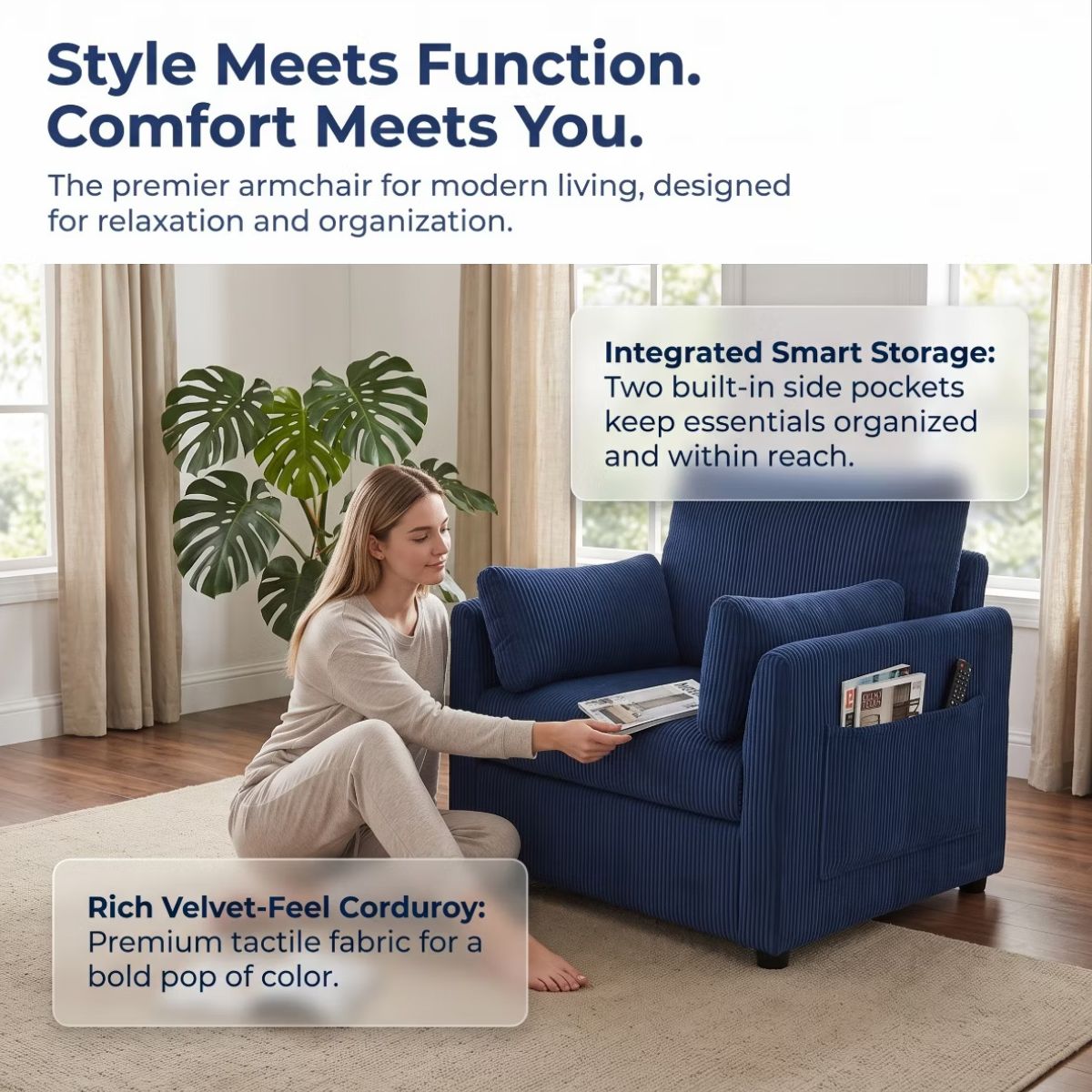 Accent Chair, Wide Corduroy Armchair with Side Pockets & 2 Pillows