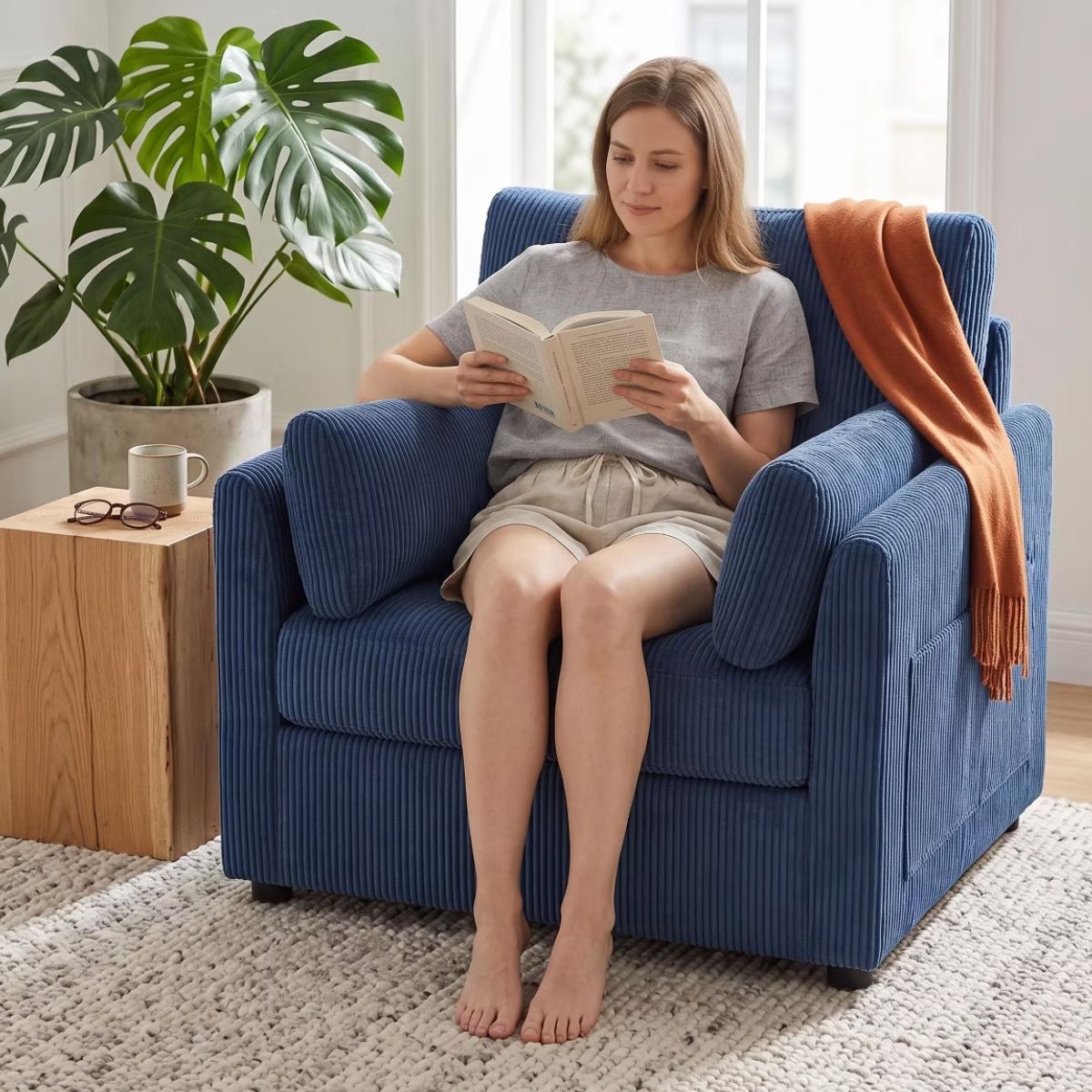 Accent Chair, Wide Corduroy Armchair with Side Pockets & 2 Pillows