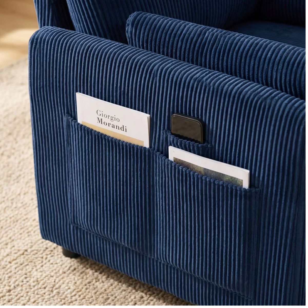Accent Chair, Wide Corduroy Armchair with Side Pockets & 2 Pillows
