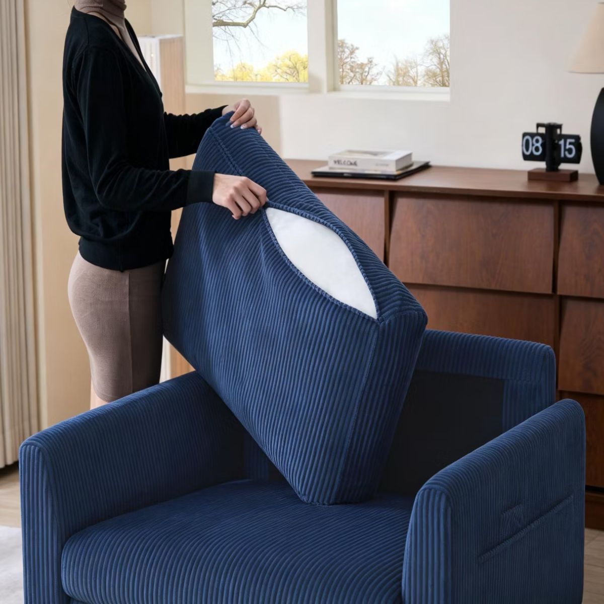 Accent Chair, Wide Corduroy Armchair with Side Pockets & 2 Pillows